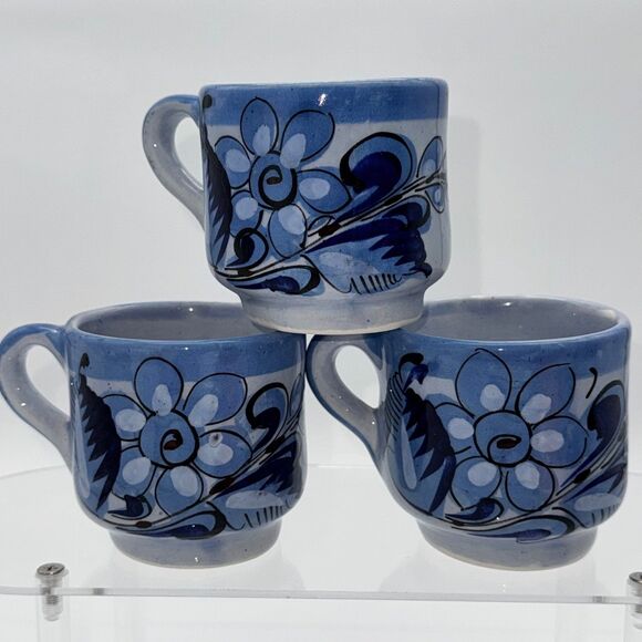 3 Mexican Tonala Pottery Blue Bird Mug Hand Painted Folk Art Mexico Signed VG - Picture 2 of 9